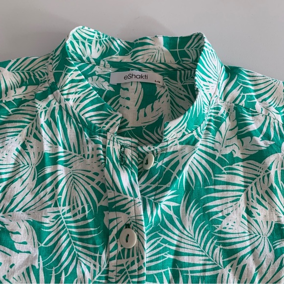 eShakti large Linen Blend Tropical Palm Button Down Shirt Aqua Mint Green - Picture 8 of 8